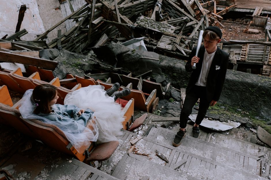 Cinematic wedding couple portrait